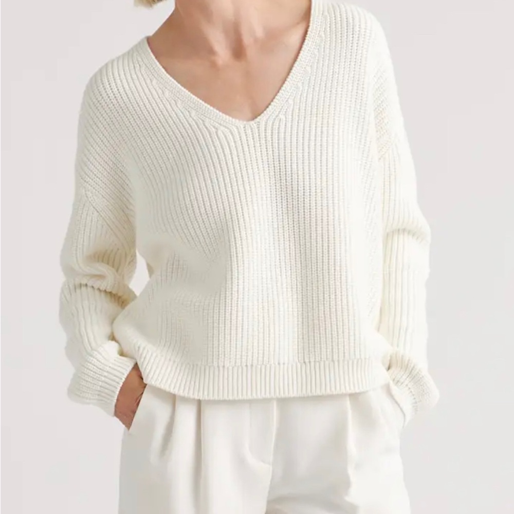 Quince Cream V-Neck Ribbed Sweater